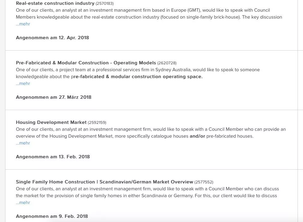 Anfragen für Beratungsaufgaben im Bereich Real Estate